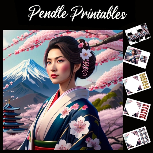 Beautiful Japanese Geisha Blossom Mountain Scene 7x7 Card Kit. Matching Box, Gift Bauble,Tag