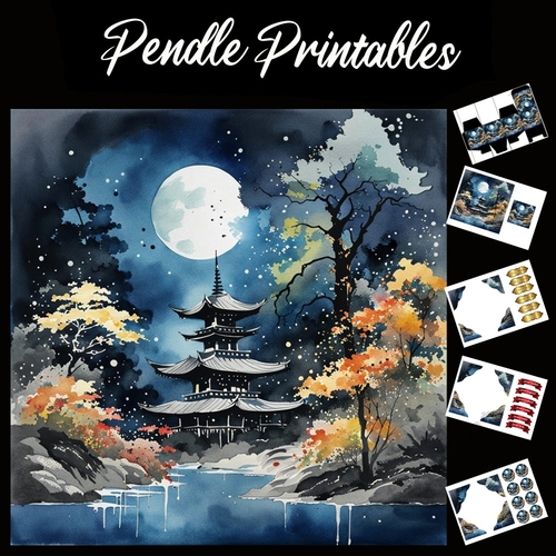 Full Moon Pagoda 7x7 Card Kit. Matching Box, Gift Bauble,Tag