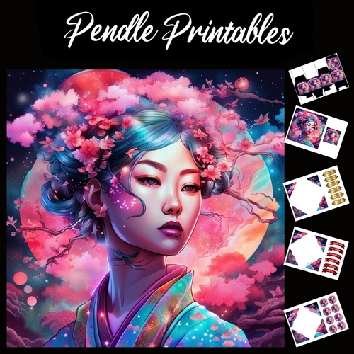 Vibrant Japanese Lady 7x7 Card Kit. Matching Box, Gift Bauble,Tag