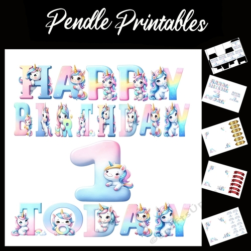 Happy Birthday 1 Today Unicorn Card 7x7 Card Kit. Matching Box, Gift Bauble,Tag