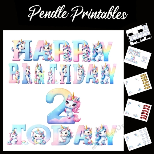 Happy Birthday 2 Today Unicorn Card 7x7 Card Kit. Matching Box, Gift Bauble,Tag