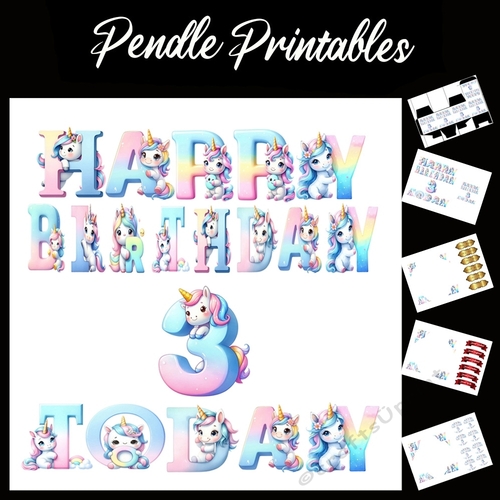 Happy Birthday 3 Today Unicorn Card 7x7 Card Kit. Matching Box, Gift Bauble,Tag