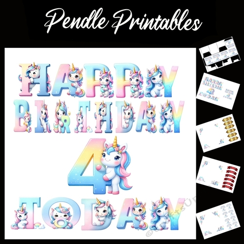 Happy Birthday 4 Today Unicorn Card 7x7 Card Kit. Matching Box, Gift Bauble,Tag