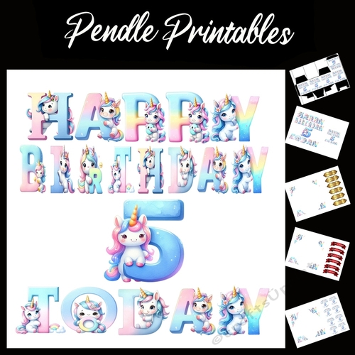 Happy Birthday 5 Today Unicorn Card 7x7 Card Kit. Matching Box, Gift Bauble,Tag