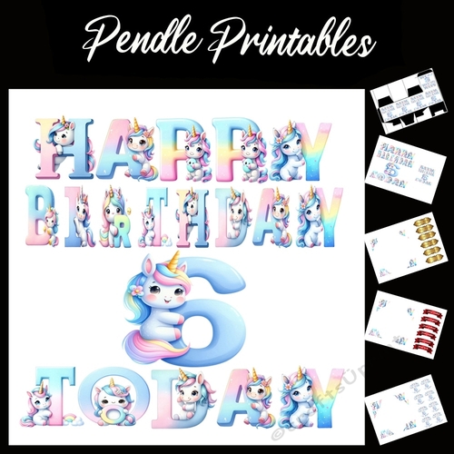 Happy Birthday 6 Today Unicorn Card 7x7 Card Kit. Matching Box, Gift Bauble,Tag