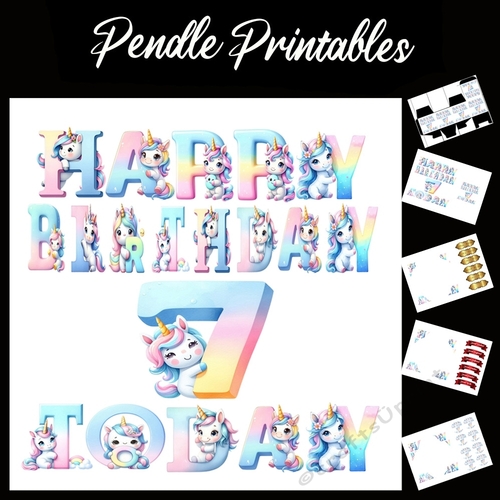 Happy Birthday 7 Today Unicorn Card 7x7 Card Kit. Matching Box, Gift Bauble,Tag