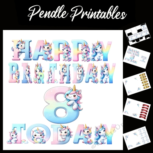 Happy Birthday 8 Today Unicorn Card 7x7 Card Kit. Matching Box, Gift Bauble,Tag