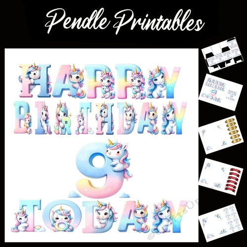 Happy Birthday 9 Today Unicorn Card 7x7 Card Kit. Matching Box, Gift Bauble,Tag