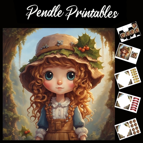 Cute Holly Hat Girl 7x7 Card Kit. Matching Box, Gift Bauble,Tag