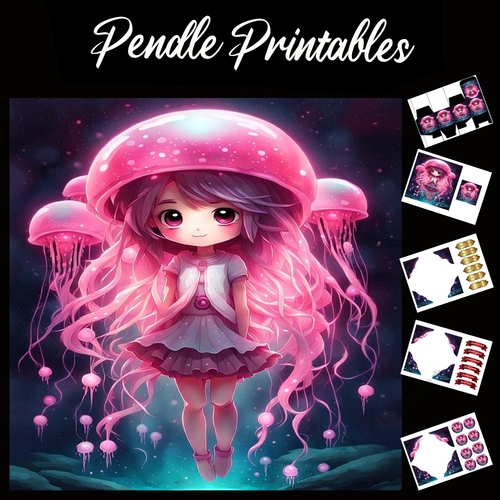 Cute Pink Jellyfish Girl  Anime Style Character 7x7 Card Kit. Matching Box, Gift Bauble,Tag