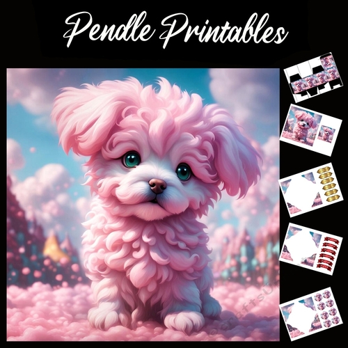 Candy Floss Pink Puppy 7x7 Card Kit. Matching Box, Gift Bauble,Tag