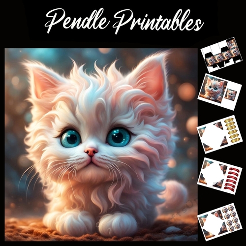 Cute Fluffy Ginger & White Kitten 7x7 Card Kit. Matching Box, Gift Bauble,Tag