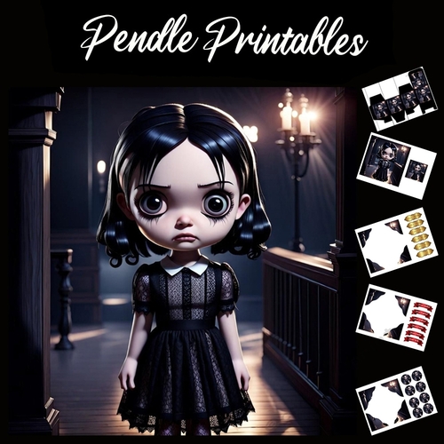 Gothic Wednesday Anime Style 7x7 Card Kit. Matching Box, Gift Bauble,Tag