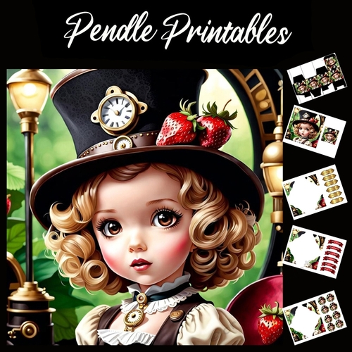 Anime Style Cute Steampunk Girl 7x7 Card Kit. Matching Box, Gift Bauble,Tag