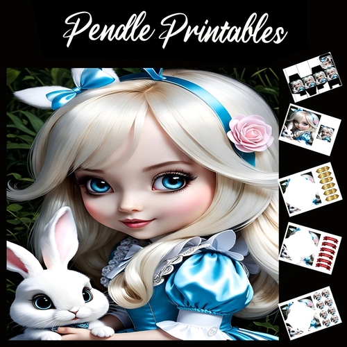 Cute Alice & White Rabbit Anime Style 7x7 Card Kit. Matching Box, Gift Bauble,Tag