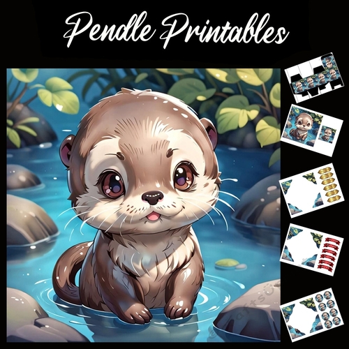 Cute Otter Anime Style 7x7 Card Kit. Matching Box, Gift Bauble,Tag