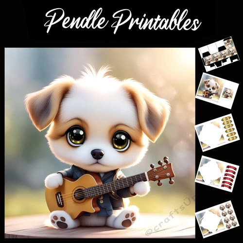 Hound Dog Guitar Cute Puppy Anime Style 7x7 Card Kit. Matching Box, Gift Bauble,Tag