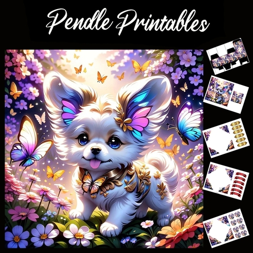  Cute Butterfly Puppy Anime Style 7x7 Card Kit. Matching Box, Gift Bauble,Tag