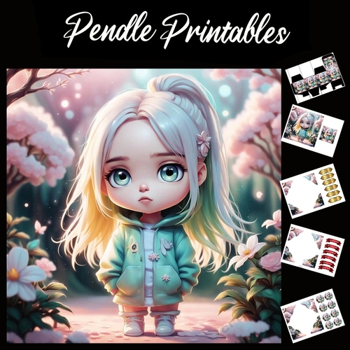  Cute Little Girl Anime Style 7x7 Card Kit. Matching Box, Gift Bauble,Tag