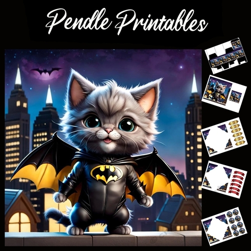 Cute Bat Cat Anime Style Kitten 7x7 Card Kit. Matching Box, Gift Bauble,Tag