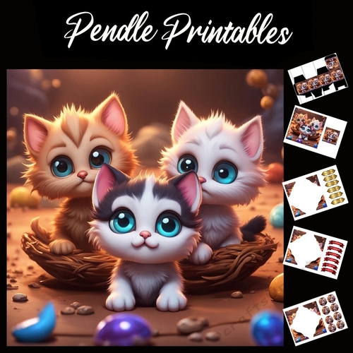 Cute Three Amigo Kittens 7x7 Card Kit. Matching Box, Gift Bauble,Tag