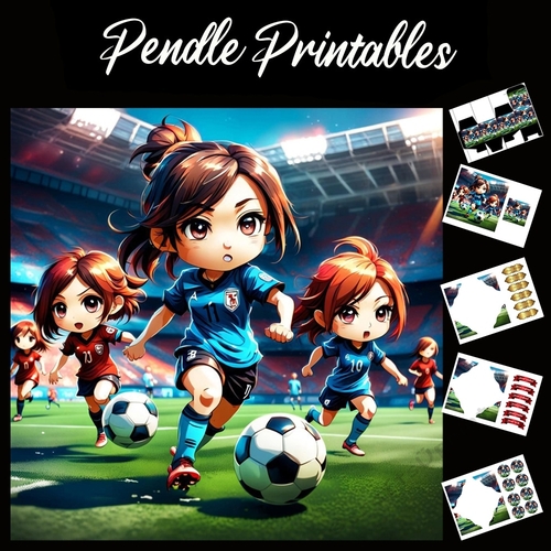 Anime Style Girls Playing Football 7x7 Card Kit. Matching Box, Gift Bauble,Tag