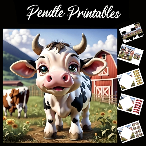 Down On The Farm Cute Cow 7x7 Card Kit. Matching Box, Gift Bauble,Tag