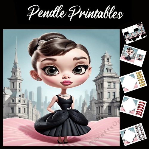 Cute Anime Style Audrey Hepburn 7x7 Card Kit. Matching Box, Gift Bauble,Tag