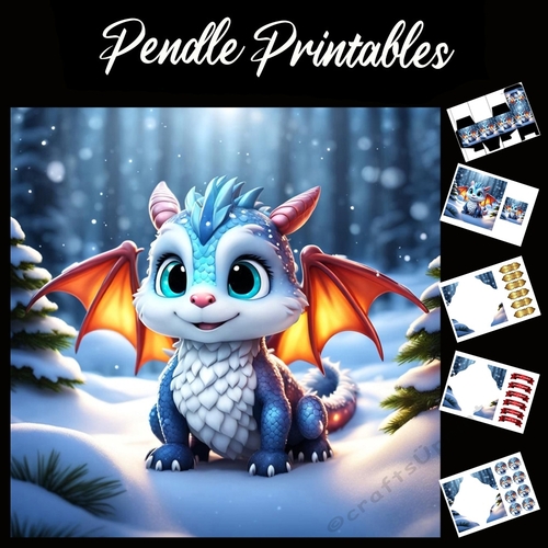 Cute Anime Style Ice Dragon 7x7 Card Kit. Matching Box, Gift Bauble,Tag