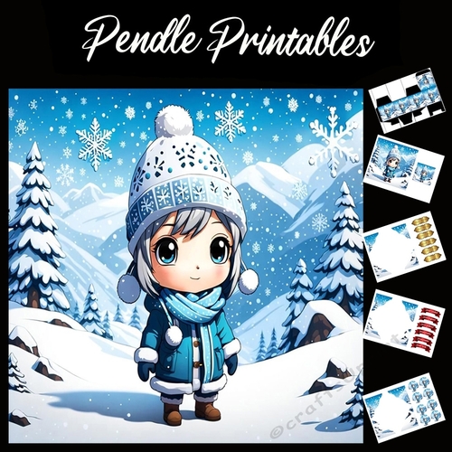 Cute Anime Style Girl In The Snow 7x7 Card Kit. Matching Box, Gift Bauble,Tag