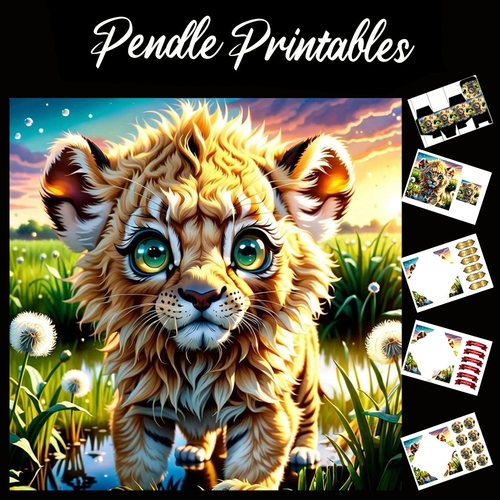 The Scruffy Shaggy Lion Cub 7x7 Card Kit. Matching Box, Gift Bauble,Tag