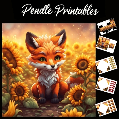 The Cute Sunflower Fox 7x7 Card Kit. Matching Box, Gift Bauble,Tag