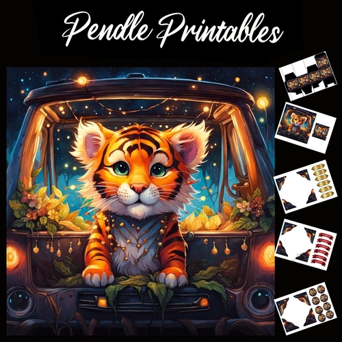 Hitched A Ride Cute Tiger 7x7 Card Kit. Matching Box, Gift Bauble,Tag