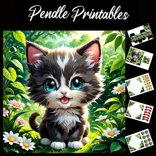 Cute Black & White Cute Kitten 7x7 Card Kit. Matching Box, Gift Bauble,Tag