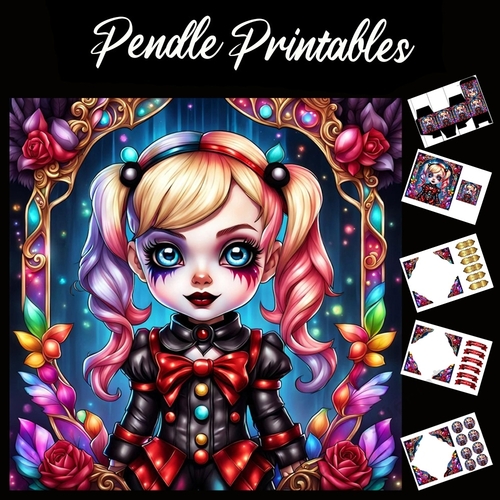 Anime Style Young Clown Girl 7x7 Card Kit. Matching Box, Gift Bauble,Tag