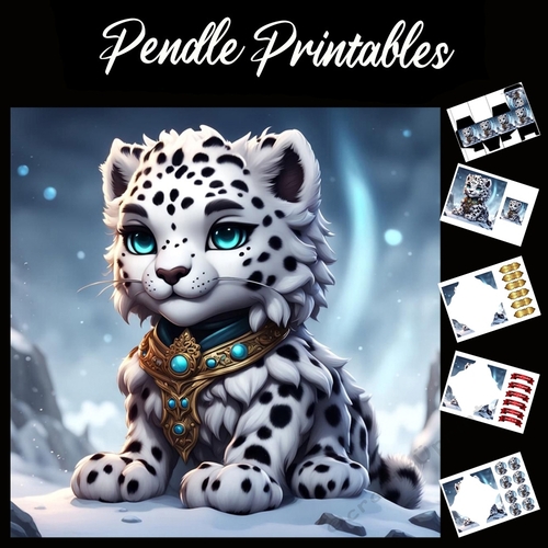 Anime Style Snow Leopard 7x7 Card Kit. Matching Box, Gift Bauble,Tag