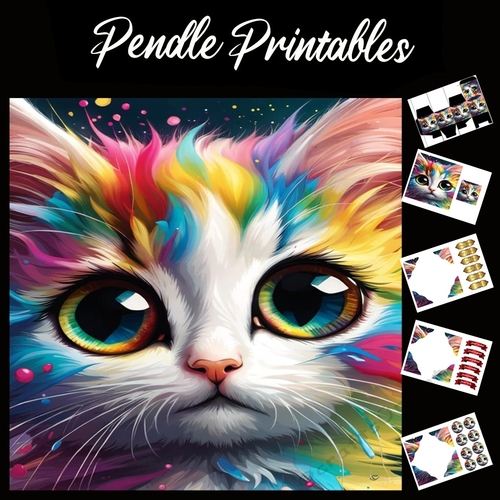 Rainbow Faced Kitten 7x7 Card Kit. Matching Box, Gift Bauble,Tag