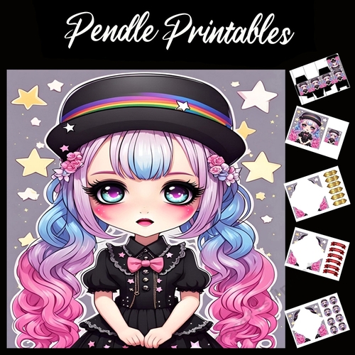 Anime Style Cute Rainbow Girl 7x7 Card Kit. Matching Box, Gift Bauble,Tag