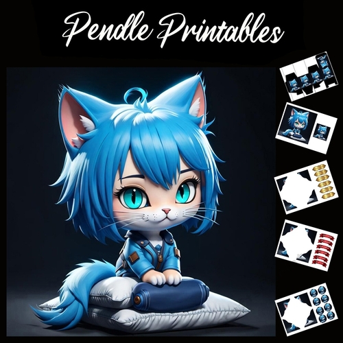 Anime Style Cute Blue Fox Girl 7x7 Card Kit. Matching Box, Gift Bauble,Tag