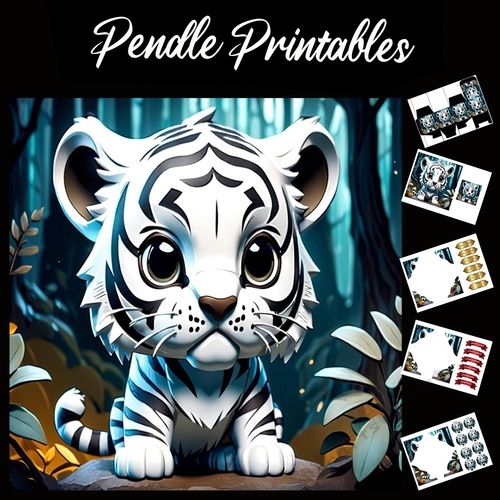 Cute White Tiger Cub 7x7 Card Kit. Matching Box, Gift Bauble,Tag