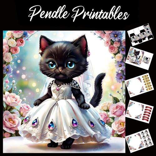 Cute Black Cat Bride 7x7 Card Kit. Matching Box, Gift Bauble,Tag