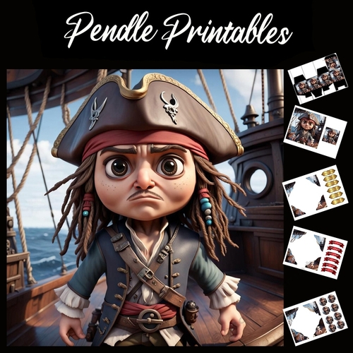 Anime Style Jack Sparrow Pirate 7x7 Card Kit. Matching Box, Gift Bauble,Tag