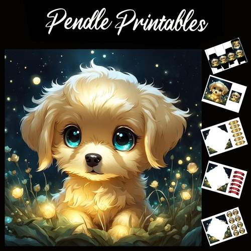 The Golden Puppy 7x7 Card Kit. Matching Box, Gift Bauble,Tag