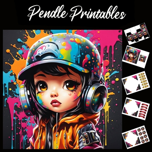 Graffiti Style Art: Cute Hip Hop Girl 7x7 Card Kit. Matching Box, Gift Bauble,Tag