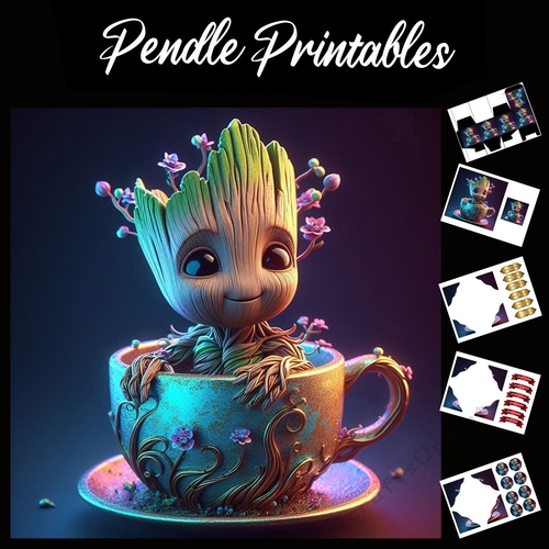 Anime Style Teacup Wood Creature 7x7 Card Kit. Matching Box, Gift Bauble,Tag