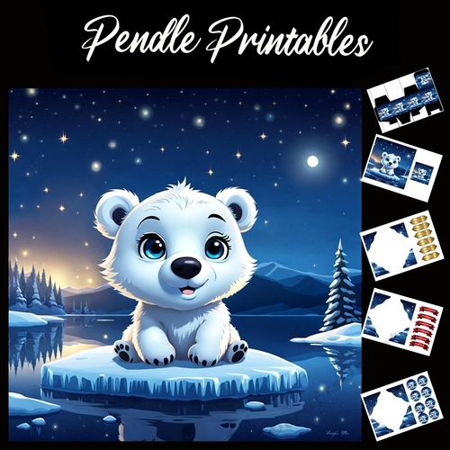 Cute Polar Bear Cub 7x7 Card Kit. Matching Box, Gift Bauble,Tag