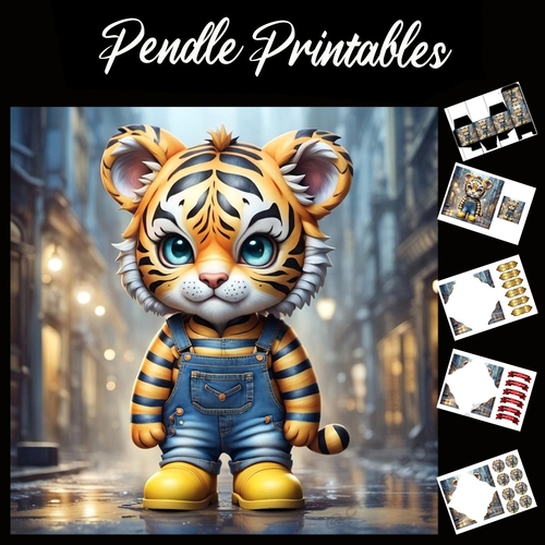 Cute Dungarees Tiger Cub 7x7 Card Kit. Matching Box, Gift Bauble,Tag