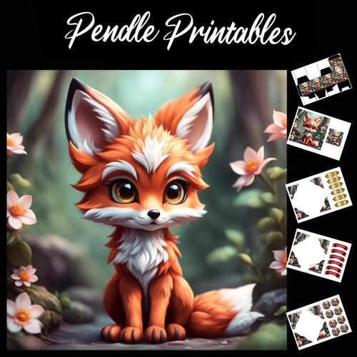 Cute Fox Cub 7x7 Card Kit. Matching Box, Gift Bauble,Tag