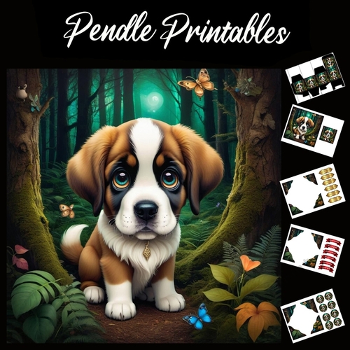 Anime Style Cute Saint Bernard Puppy 7x7 Card Kit. Matching Box, Gift Bauble,Tag