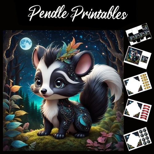 Anime Style Beautiful Skunk 7x7 Card Kit. Matching Box, Gift Bauble,Tag